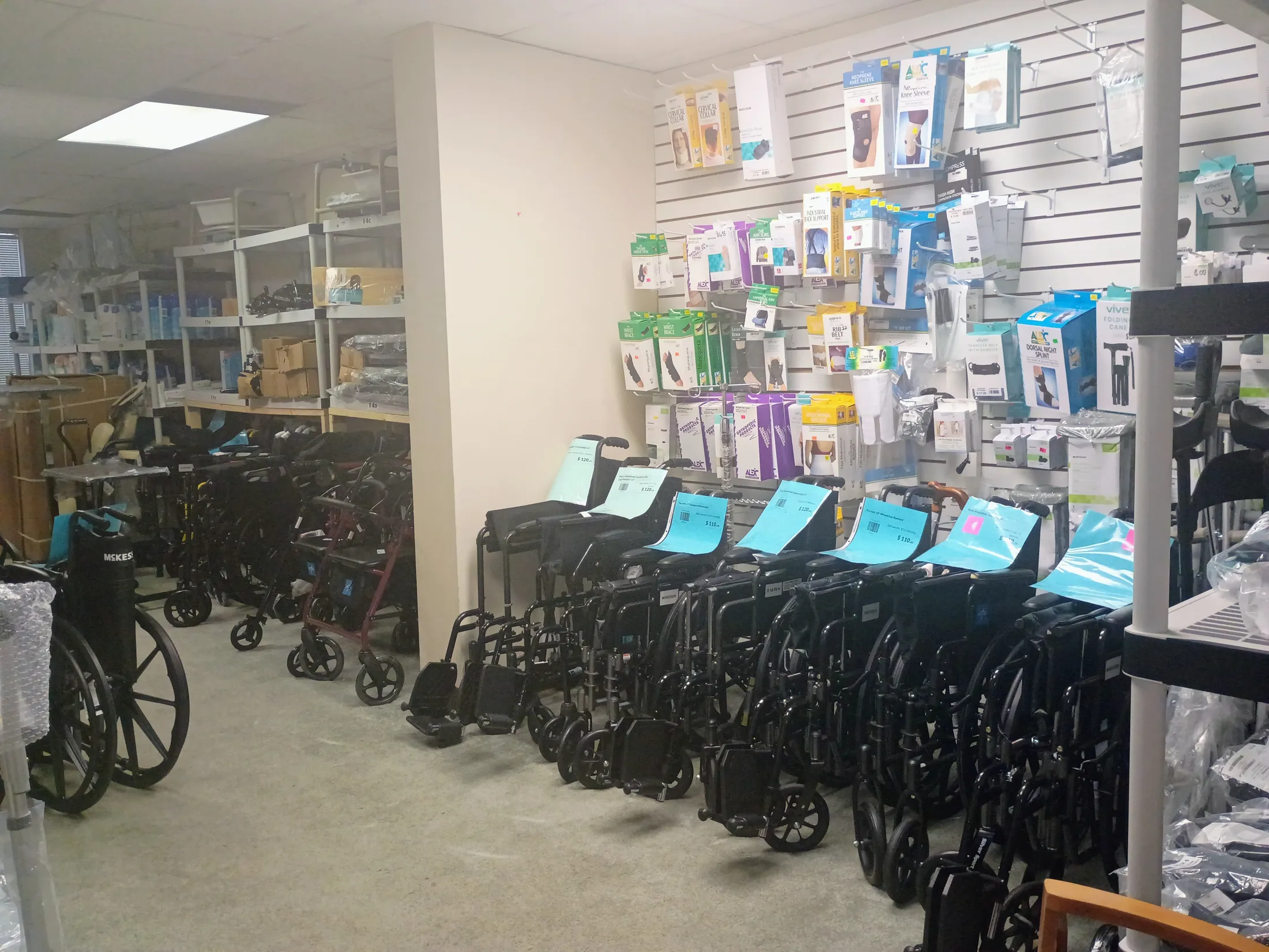 Houston Med Supply showroom — wheelchairs, braces, and mobility equipment in stock