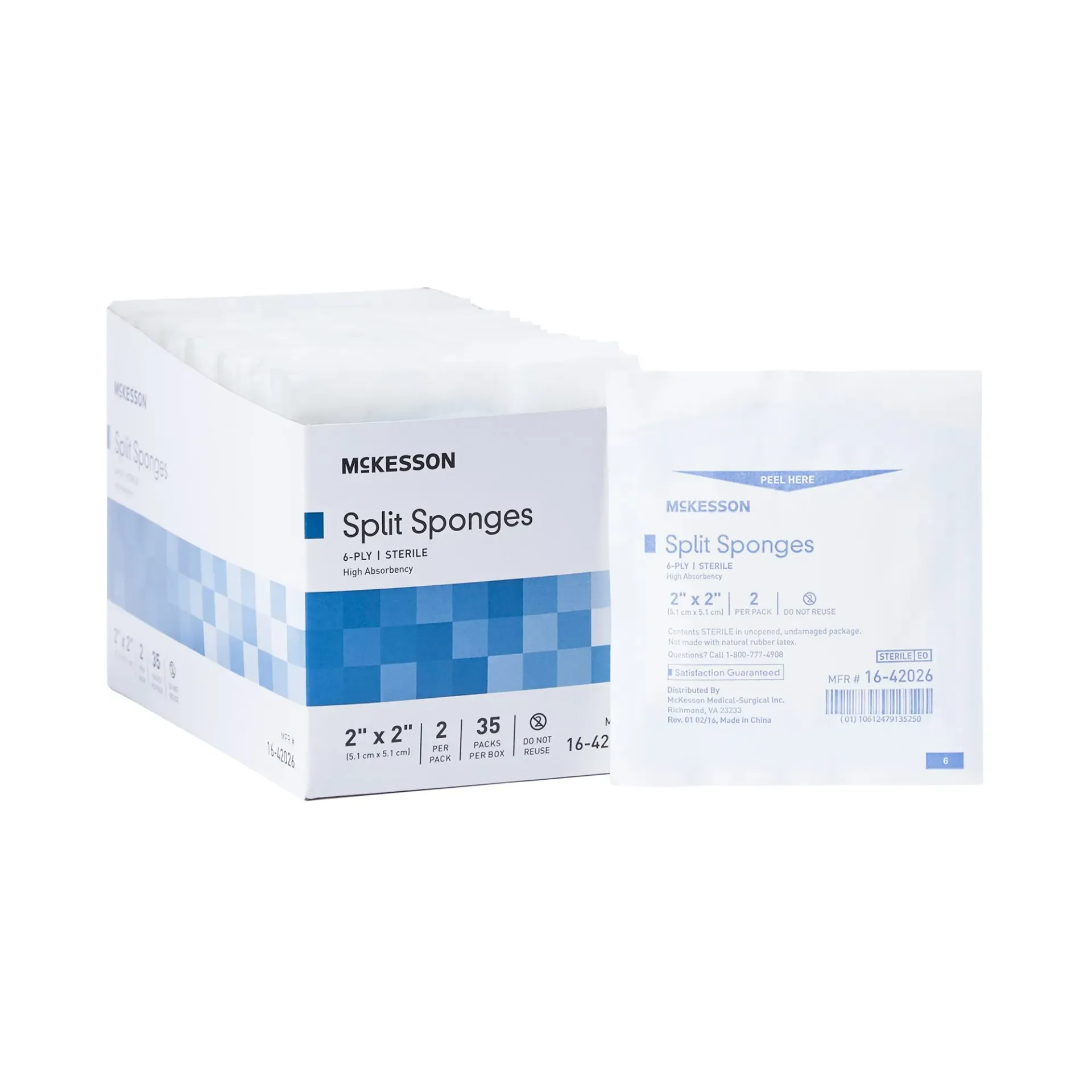 Split Sponges High Absorbency Sterile, 6 ply, 2" x 2"  35/box